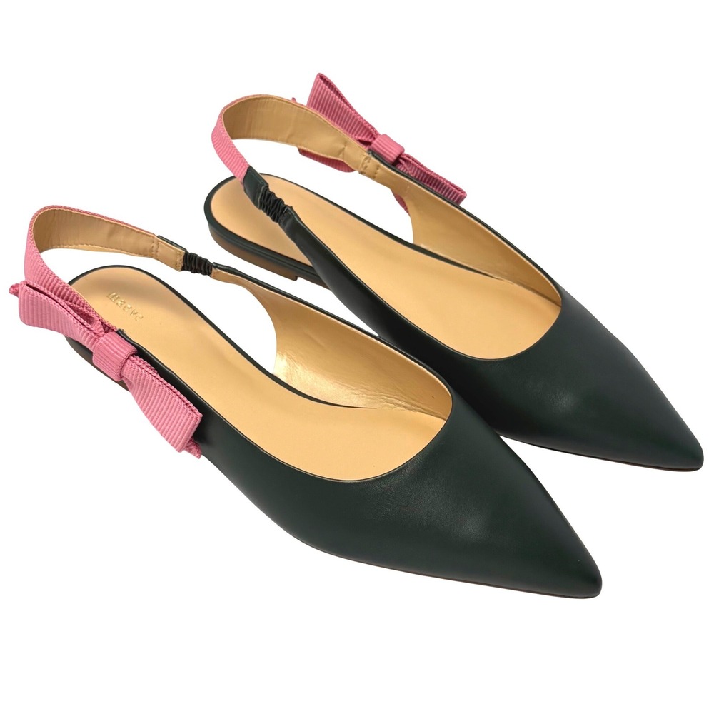 NWT Maeve Side-Bow Slingback Pointed Toe Flats 8 Green Leather Pink Bow Ballet - Picture 7 of 12